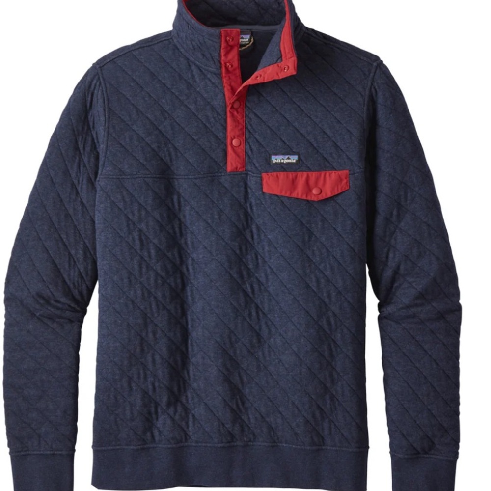 Patagonia unisex cotton quilt snap-T pullover sweater navy blue/red size small